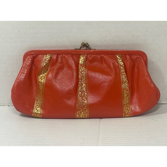 Vintage Orange Leather Gold Gilt Embossed Italian Clutch Purse Bag Kisslock - Picture 1 of 6
